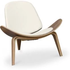 PRIVATEFLOOR Fauteuil Lounge CW07 Boho Bali Design Scandinave - Simili Cuir Ivoire - Chêne Massif, Faux Cuir, Faux Cuir, Bois - Ivoire