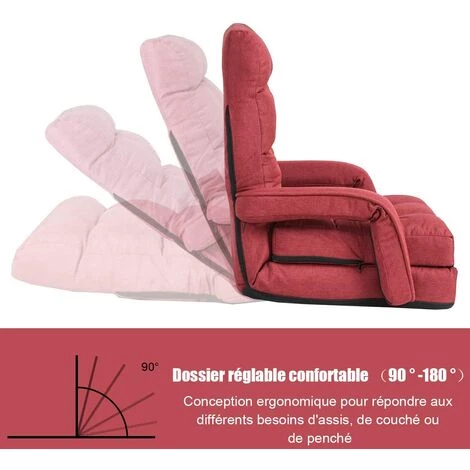 COSTWAY Fauteuil Convertible, Chauffeuse Convertible 1 Place En Tissu Gris Avec Oreiller,5 Positions Disponibles Rouge 5 COSTWAY Fauteuil Convertible, Chauffeuse Convertible 1 Place En Tissu Gris Avec Oreiller,5 Positions Disponibles Rouge – Image 3