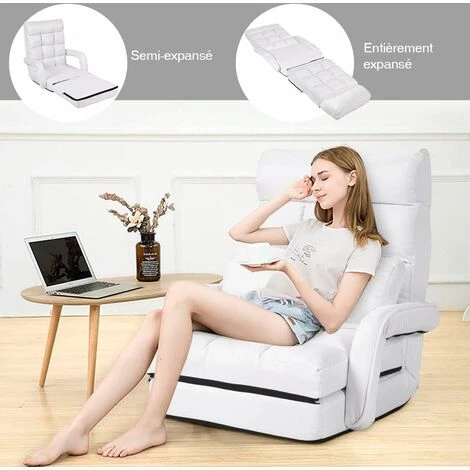COSTWAY Fauteuil Convertible, Chauffeuse Convertible 1 Place En Tissu Gris Avec Oreiller,5 Positions Disponibles Blanc 4 COSTWAY Fauteuil Convertible, Chauffeuse Convertible 1 Place En Tissu Gris Avec Oreiller,5 Positions Disponibles Blanc – Image 2