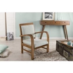 MACABANE ERIS - Fauteuil Bois Teck Scandi Tissu Bleu Clair 'pétales' - Vert