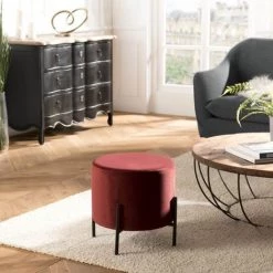 MACABANE ALBANE - Tabouret Rond 40x40cm Tissu Velours Bordeaux Pieds Métal - Bordeaux