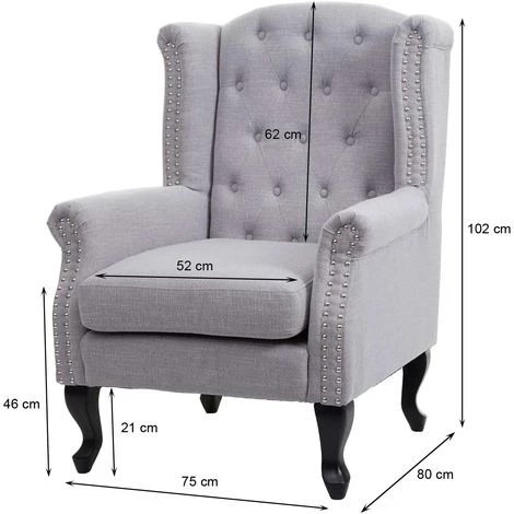 HHG Fauteuil De Luxe Chesterfield, Fauteuil à Oreilles, Tissu Hydrofuge ~ Gris Sans Ottomane 4 HHG Fauteuil De Luxe Chesterfield, Fauteuil à Oreilles, Tissu Hydrofuge ~ Gris Sans Ottomane – Image 2