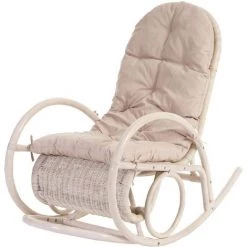 HHG Fauteuil à Bascule Esmeraldas, Rocking-chair, Fauteuil En Rotin, Blanc ~ Rembourrage Crème