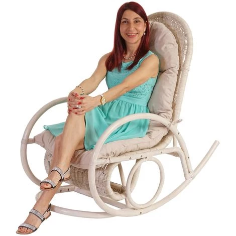 HHG Fauteuil à Bascule Esmeraldas, Rocking-chair, Fauteuil En Rotin, Blanc ~ Rembourrage Crème 4 HHG Fauteuil à Bascule Esmeraldas, Rocking-chair, Fauteuil En Rotin, Blanc ~ Rembourrage Crème – Image 2