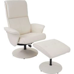 HHG Fauteuil Relax Helsinki, Fauteuil De Télévision Avec Tabouret ~ Similicuir, Crème