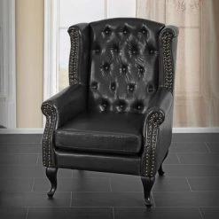 HHG Fauteuil De Luxe à Oreilles Chesterfield Similicuir ~ Noir Sans Pouf -Pas Cher Fauteuil Magasin 18960334 2