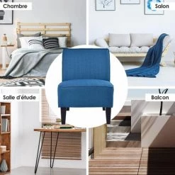 COSTWAY Fauteuil D'Appoint Sans Accoudoir, Canapé Simple Rembourré Par Des Eponges Elastique, Pieds En Bois De Pin(Bleu) -Pas Cher Fauteuil Magasin 19609018 2