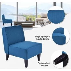 COSTWAY Fauteuil D'Appoint Sans Accoudoir, Canapé Simple Rembourré Par Des Eponges Elastique, Pieds En Bois De Pin(Bleu) -Pas Cher Fauteuil Magasin 19609018 3