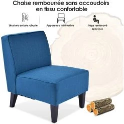COSTWAY Fauteuil D'Appoint Sans Accoudoir, Canapé Simple Rembourré Par Des Eponges Elastique, Pieds En Bois De Pin(Bleu) -Pas Cher Fauteuil Magasin 19609018 4