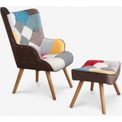 AHD AMAZING HOME DESIGN Fauteuil Patchwork Design Moderne Avec Pouf Repose-pieds Patchy Plus
