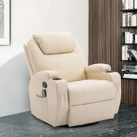 HOMCOM Fauteuil De Relaxation Massant Chauffant Et Vibrant Inclinable Pivotant à 360° Revêtement Synthétique 84L X 94l X 109Hcm Beige - Beige 4 HOMCOM Fauteuil De Relaxation Massant Chauffant Et Vibrant Inclinable Pivotant à 360° Revêtement Synthétique 84L X 94l X 109Hcm Beige - Beige – Image 2