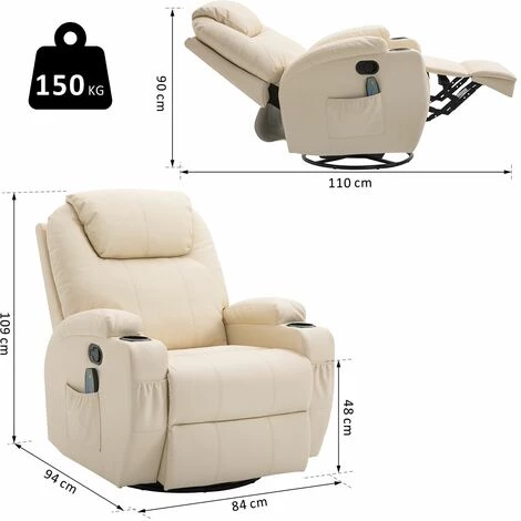 HOMCOM Fauteuil De Relaxation Massant Chauffant Et Vibrant Inclinable Pivotant à 360° Revêtement Synthétique 84L X 94l X 109Hcm Beige - Beige 5 HOMCOM Fauteuil De Relaxation Massant Chauffant Et Vibrant Inclinable Pivotant à 360° Revêtement Synthétique 84L X 94l X 109Hcm Beige - Beige – Image 3