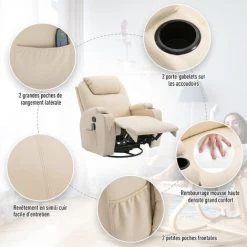 HOMCOM Fauteuil De Relaxation Massant Chauffant Et Vibrant Inclinable Pivotant à 360° Revêtement Synthétique 84L X 94l X 109Hcm Beige - Beige 10 HOMCOM Fauteuil De Relaxation Massant Chauffant Et Vibrant Inclinable Pivotant à 360° Revêtement Synthétique 84L X 94l X 109Hcm Beige - Beige -Pas Cher Fauteuil Magasin 24060721 4
