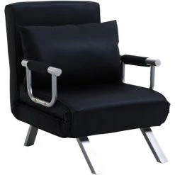 HOMCOM Fauteuil Chauffeuse Canapé-lit Convertible 1 Place Déhoussable Grand Confort Coussin Pieds Accoudoirs Métal Suède Noir