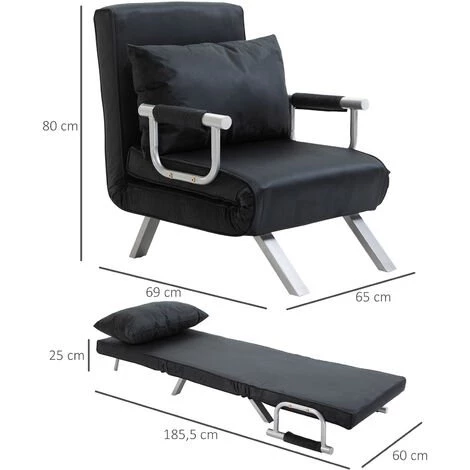 HOMCOM Fauteuil Chauffeuse Canapé-lit Convertible 1 Place Déhoussable Grand Confort Coussin Pieds Accoudoirs Métal Suède Noir 4 HOMCOM Fauteuil Chauffeuse Canapé-lit Convertible 1 Place Déhoussable Grand Confort Coussin Pieds Accoudoirs Métal Suède Noir – Image 3