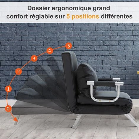 HOMCOM Fauteuil Chauffeuse Canapé-lit Convertible 1 Place Déhoussable Grand Confort Coussin Pieds Accoudoirs Métal Suède Noir 6 HOMCOM Fauteuil Chauffeuse Canapé-lit Convertible 1 Place Déhoussable Grand Confort Coussin Pieds Accoudoirs Métal Suède Noir – Image 5
