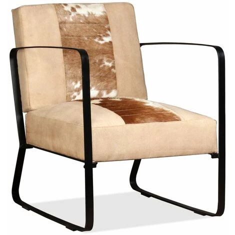 Hommoo Fauteuil Cr豕me Peau De Ch豕vre Veritable Et Toile HDV10715 6 Hommoo Fauteuil Cr豕me Peau De Ch豕vre Veritable Et Toile HDV10715 – Image 4