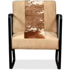 TRUE DEAL Fauteuil Crème Peau De Chèvre Véritable Et Toile -Pas Cher Fauteuil Magasin 26220970 2