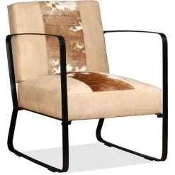 TRUE DEAL Fauteuil Crème Peau De Chèvre Véritable Et Toile -Pas Cher Fauteuil Magasin 26220970 3