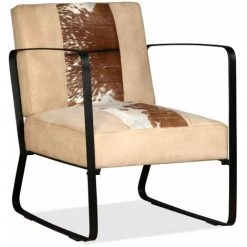 TRUE DEAL Fauteuil Crème Peau De Chèvre Véritable Et Toile -Pas Cher Fauteuil Magasin 26220970 4