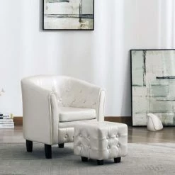 TRUE DEAL Fauteuil Avec Repose-pied Blanc Similicuir