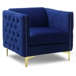 MOBILIER DECO ROMANCE - Fauteuil Capitonné En Velours Bleu - Bleu