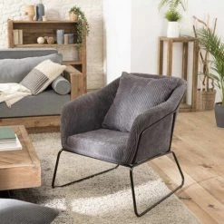 MACABANE ALBANE - Fauteuil Tissu Velours Cotelé Gris Anthracite Pieds évasés Métal - Gris Anthracite