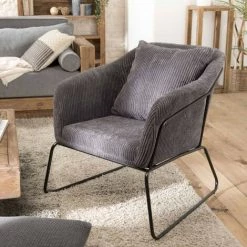 MACABANE ALBANE - Fauteuil Tissu Velours Cotelé Gris Anthracite Pieds évasés Métal - Gris Anthracite 10 MACABANE ALBANE - Fauteuil Tissu Velours Cotelé Gris Anthracite Pieds évasés Métal - Gris Anthracite -Pas Cher Fauteuil Magasin 27206608 4