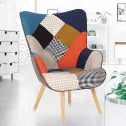 IDMARKET Fauteuil Scandinave IVAR En Tissu Patchwork Multicouleurs Et Imprimé Pied De Poule - Multicolor