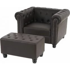 HHG Fauteuil De Luxe Lounge Relax Chesterfield Avec Pouf, Similicuir ~ Pieds Ronds, Brun Antique