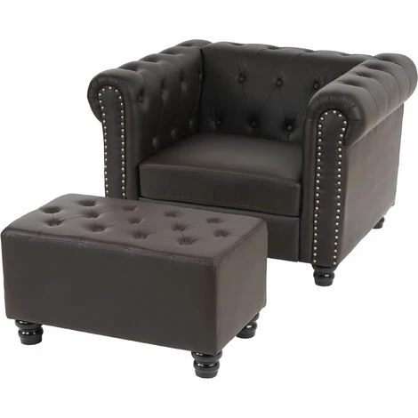 HHG Fauteuil De Luxe Lounge Relax Chesterfield Avec Pouf, Similicuir ~ Pieds Ronds, Brun Antique 3 HHG Fauteuil De Luxe Lounge Relax Chesterfield Avec Pouf, Similicuir ~ Pieds Ronds, Brun Antique