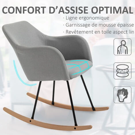 HOMCOM Fauteuil à Bascule Rocking Chair Grand Confort Accoudoirs Assise Dossier Garnissage Mousse Haute Densité Lin Gris - Gris 6 HOMCOM Fauteuil à Bascule Rocking Chair Grand Confort Accoudoirs Assise Dossier Garnissage Mousse Haute Densité Lin Gris - Gris – Image 4