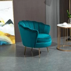 HOMCOM Fauteuil Coquillage Fauteuil Design Dim. 79L X 77l X 77H Cm Pieds Dorés Effilés Velours Bleu Canard -Pas Cher Fauteuil Magasin 28362551 4