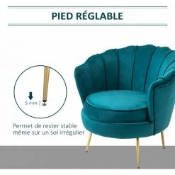HOMCOM Fauteuil Coquillage Fauteuil Design Dim. 79L X 77l X 77H Cm Pieds Dorés Effilés Velours Bleu Canard -Pas Cher Fauteuil Magasin 28362551 5