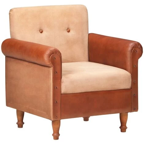 Fauteuil Cuir Véritable Et Toile Marron VidaXL 3 Fauteuil Cuir Véritable Et Toile Marron VidaXL