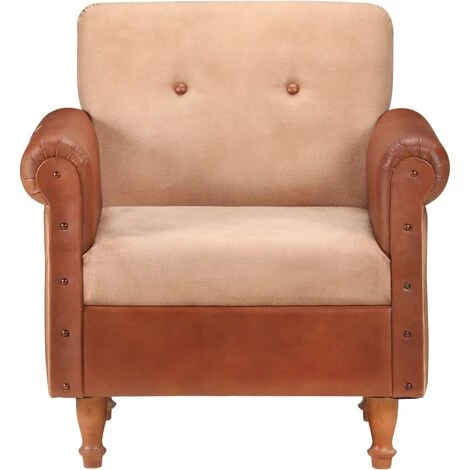 Fauteuil Cuir Véritable Et Toile Marron VidaXL 4 Fauteuil Cuir Véritable Et Toile Marron VidaXL – Image 2