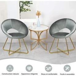 COSTWAY Chaise De Salle à Manger, Fauteuil En Velours Pieds En Métal Doré Style Scandinave Moderne Gris -Pas Cher Fauteuil Magasin 29044207 3