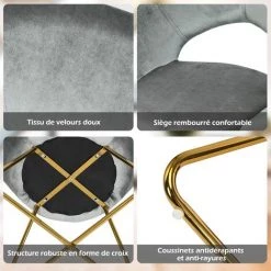 COSTWAY Chaise De Salle à Manger, Fauteuil En Velours Pieds En Métal Doré Style Scandinave Moderne Gris -Pas Cher Fauteuil Magasin 29044207 4