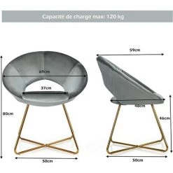 COSTWAY Chaise De Salle à Manger, Fauteuil En Velours Pieds En Métal Doré Style Scandinave Moderne Gris -Pas Cher Fauteuil Magasin 29044207 5
