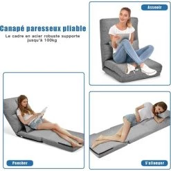COSTWAY Chaise Longue Réglable Fauteuil Relax De Sol Matelas Pliant, Canapé Paresseux Avec Pouf Confortable Et Dossier Ajustable De 5 Positions Pour Méditation, Lecture,Jusqu’à 100KG -Pas Cher Fauteuil Magasin 29101332 4