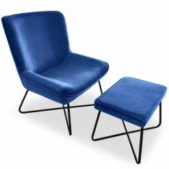 Paris Prix - Fauteuil & Pouf En Velours "giergo" 93cm Bleu