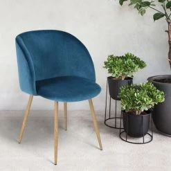 EGGREE Chaise En Tissu Velours Retro Bleu,Fauteuil Salle A Manger-Scandinave-Pieds En Metal Decor Bois -Pas Cher Fauteuil Magasin 33859734 2