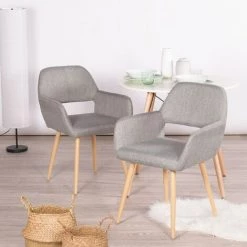 MEUBLES COSY Lot De 2 Fauteuils Chaises - Tissu Gris – Pieds Métal Effet Bois –Style Scandinave – Salle à Manger, Bureau, Salon