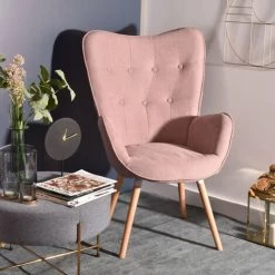 MEUBLES COSY Fauteuil Salon - Style Scandinave - Tissu Rose Et Pieds En Bois De Hêtre - 68x73x106cm - ROSE