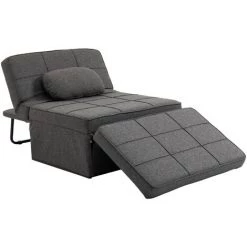HOMCOM Fauteuil Chauffeuse Chaise Longue Pouf 3 En 1 Dossier Inclinable 5 Niveaux Repose-pied Rabattable Châssis Métal Noir Lin Gris - Gris