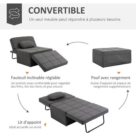 HOMCOM Fauteuil Chauffeuse Chaise Longue Pouf 3 En 1 Dossier Inclinable 5 Niveaux Repose-pied Rabattable Châssis Métal Noir Lin Gris - Gris 6 HOMCOM Fauteuil Chauffeuse Chaise Longue Pouf 3 En 1 Dossier Inclinable 5 Niveaux Repose-pied Rabattable Châssis Métal Noir Lin Gris - Gris – Image 4