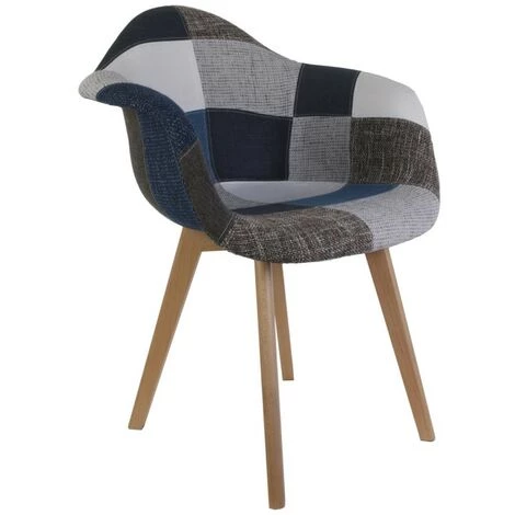 HOME DÉCO FACTORY Fauteuil Scandinave Patchwork Bleu Gris Pieds Bois - Gris - Bleu/gris 3 HOME DÉCO FACTORY Fauteuil Scandinave Patchwork Bleu Gris Pieds Bois - Gris - Bleu/gris