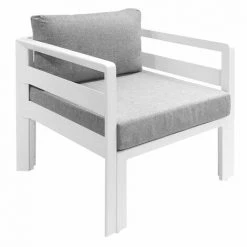 MEUBLETMOI Fauteuil Jardin Aluminium Blanc Coussins Gris Chiné - TIARE - Blanc