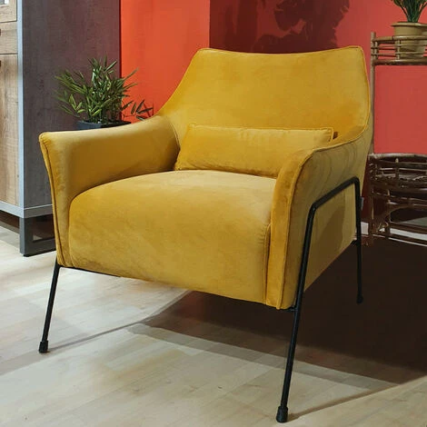 MEUBLETMOI Fauteuil En Velours Jaune Avec Piètement En Métal Noir - LENI - Jaune 4 MEUBLETMOI Fauteuil En Velours Jaune Avec Piètement En Métal Noir - LENI - Jaune – Image 2