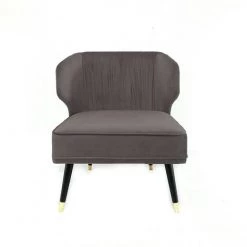 MEUBLER DESIGN Fauteuil Crapaud Velours Plissé Pied Effet Laiton Daroco - Velours Taupe, Style Art Déco, 66.5 X 66.5 X 77 Cm